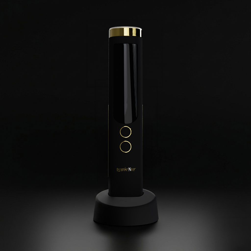 Minimalist silver skincare bottle against stark black background